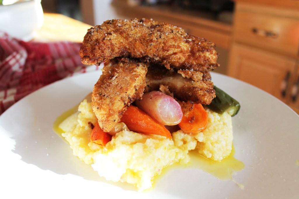 Fried chicken roasted veg polenta from Indie Culinary