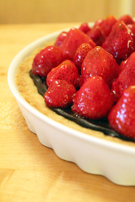 Chocolate strawberry shortbread tart from Indie Culinary